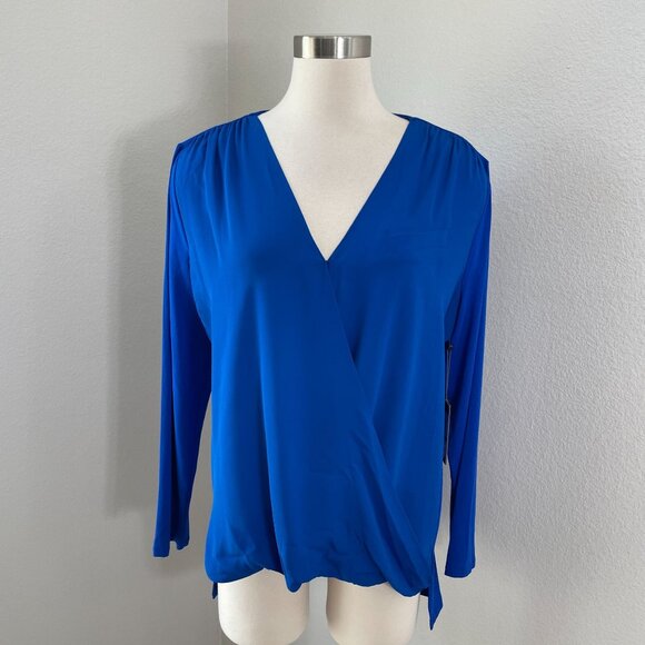 NEW Vince Camuto Womens Large Cobalt Blue Essentials Long Sleeve Wrap Blouse Top - Picture 1 of 12